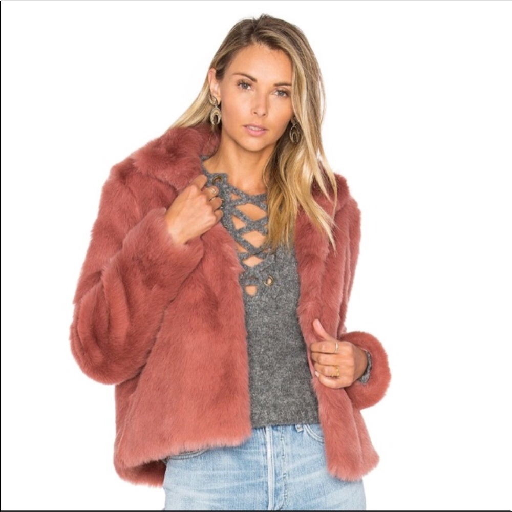 Lovers + Friends pink fur jacket.